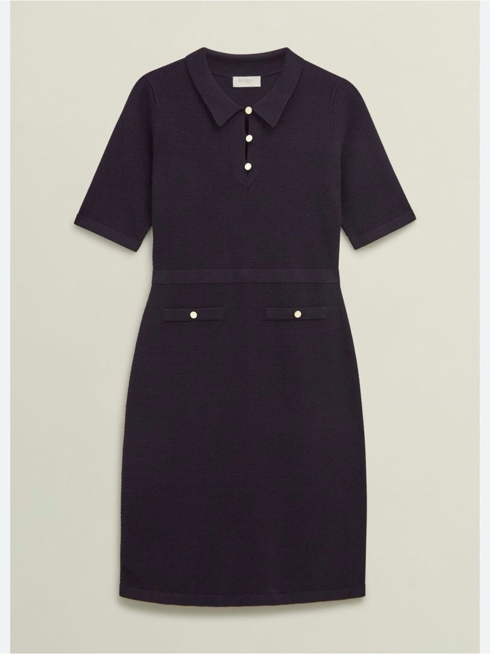 Structured Navy Knit Midi Dress with Polo Collar